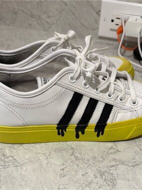 adidas Kids White Sneakers with Black Stripes and Yellow Sole